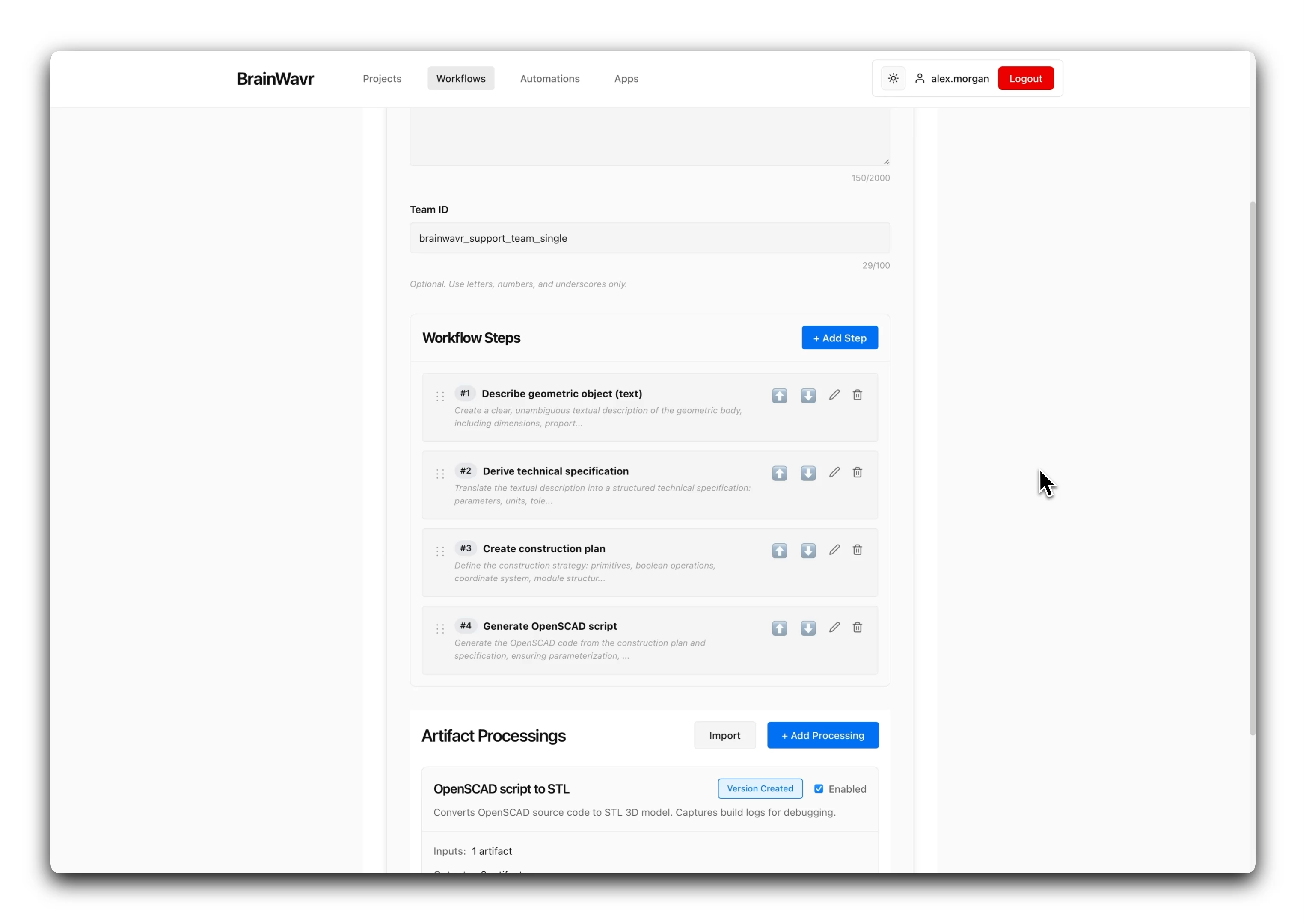 BrainWavr workflow builder with configurable steps and artifact rules.